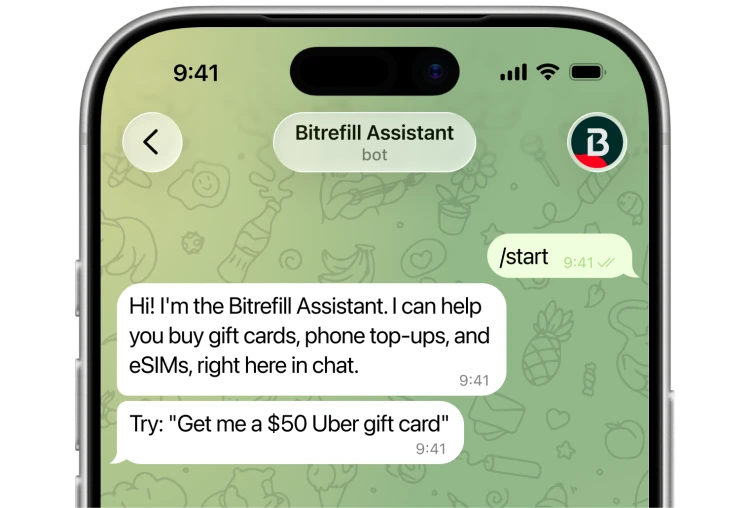 Bitrefill Assistant on Telegram showing gift card options in a chat