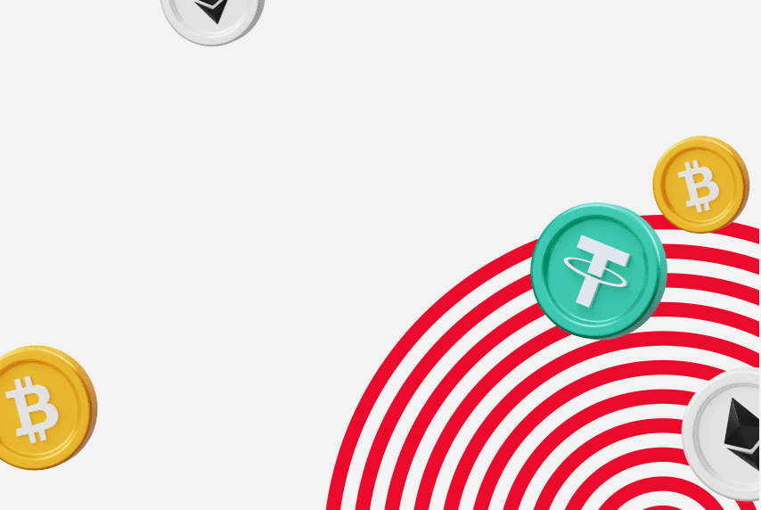 Icons of Bitcoin, Ether and Tether flying around with an artsy circle in the background