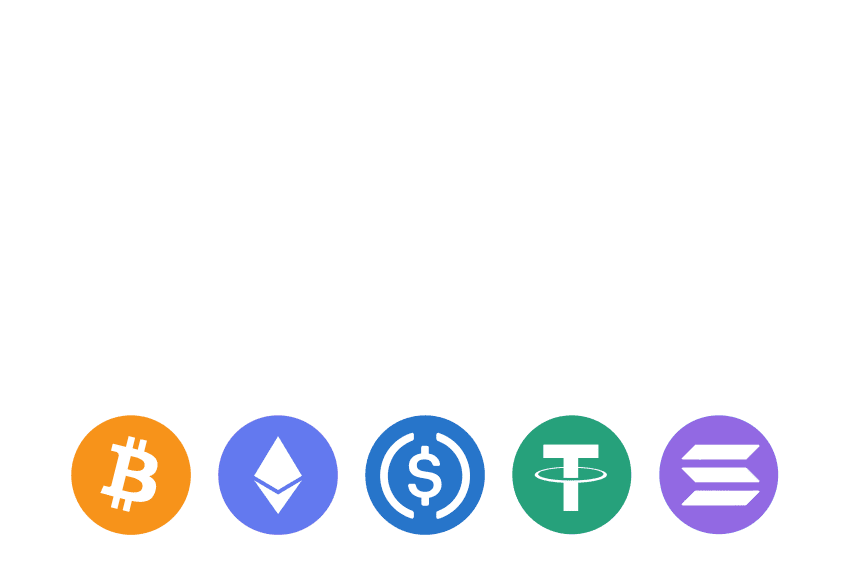Hero banner with logos for Bitcoin, Ethereum, USDC, USDT, Solana